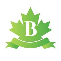 érable rouge canadien sur le sceau et le ruban de la lettre b. élément de logo de crête héraldique de luxe vecteur de laurier vintage
