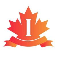 érable rouge canadien sur le sceau et le ruban de la lettre i. élément de logo de crête héraldique de luxe vecteur de laurier vintage