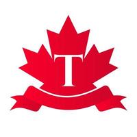 érable rouge canadien sur le sceau et le ruban de la lettre t. élément de logo de crête héraldique de luxe vecteur de laurier vintage