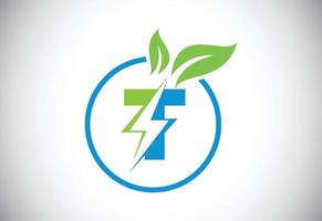 lettre t initiale cercle de feuille de coup de foudre ou icône d'économie d'énergie écologique. concept d'icône feuille et coup de foudre pour le logo électrique nature power vecteur