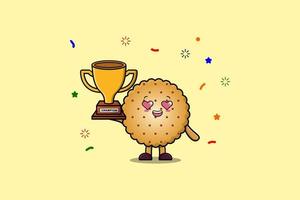 dessin animé mignon de biscuits tient un trophée d'or vecteur