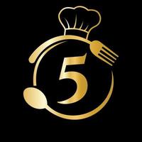 logo du restaurant sur le concept de la lettre 5. chapeau de chef, cuillère et fourchette pour le logo du restaurant vecteur