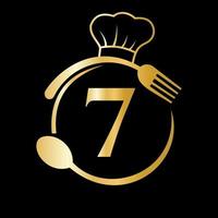 logo du restaurant sur le concept de la lettre 7. chapeau de chef, cuillère et fourchette pour le logo du restaurant vecteur