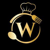 logo du restaurant sur le concept de la lettre w. chapeau de chef, cuillère et fourchette pour le logo du restaurant vecteur
