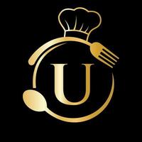 logo du restaurant sur le concept de la lettre u. chapeau de chef, cuillère et fourchette pour le logo du restaurant vecteur
