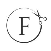 logo de salon et de coupe de cheveux sur le signe de la lettre f. icône de ciseaux avec concept de logotype vecteur