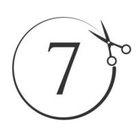 logo de salon et de coupe de cheveux sur le signe de la lettre 7. icône de ciseaux avec concept de logotype vecteur