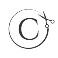 logo de salon et de coupe de cheveux sur le signe de la lettre c. icône de ciseaux avec concept de logotype vecteur