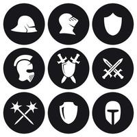 ensemble d'icônes de guerre du moyen âge. blanc sur fond noir vecteur
