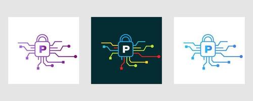 lettre p logo de cybersécurité. signe de sécurité Internet, cyber protection, technologie, symbole de la biotechnologie vecteur