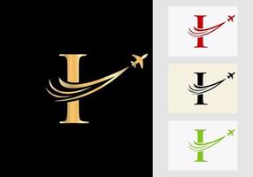 concept de logo de voyage lettre i avec symbole d'avion volant vecteur