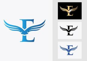 création de logo d'aile de lettre e. symbole initial de l'aile volante vecteur
