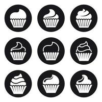 icônes de petits gâteaux. blanc sur fond noir vecteur