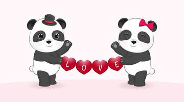 mignon couple panda et coeur saint valentin concept illustration vecteur
