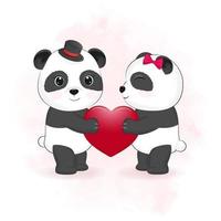 mignon couple panda et coeur saint valentin concept illustration vecteur