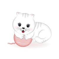 joli chat blanc jouant avec une pelote de laine rose vecteur