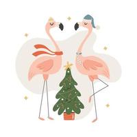 deux flamants roses dansants célébrant noël. illustration vectorielle vecteur