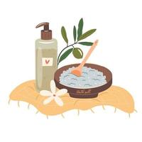 gel pour le corps au sel marin et à l'huile d'olive. concept de relaxation spa, illustration vectorielle vecteur