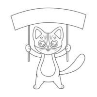 chat de caractère d'illustration vectorielle avec bannière. contour drôle de dessin animé minou agitant la main. croquis de ligne animal pour livre de coloriage isolé sur blanc vecteur