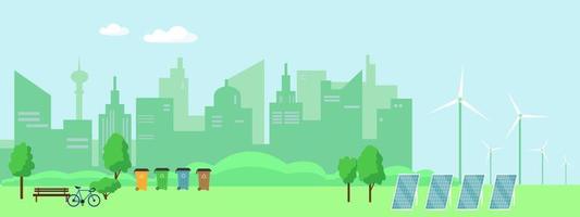 ville écologique verte, concept ou bannière d'énergie alternative et d'écologie. paysage urbain avec moulins à vent et panneaux solaires. illustration vectorielle. vecteur