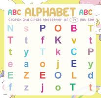 recherchez et encerclez la lettre majuscule et minuscule sur la feuille de travail. exercice pour que les enfants reconnaissent l'alphabet. fiche pédagogique pour le préscolaire. fichier vectoriel. vecteur