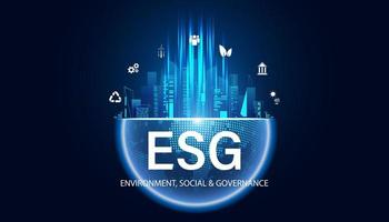 concept abstrait esg environnement, social et gouvernance, idée illustrée conservation de l'énergie mondiale et icônes, personnes, éoliennes, banque, énergie solaire et économie circulaire sur bleu vecteur