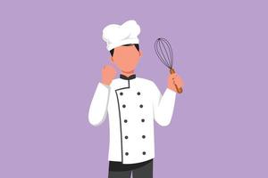 personnage plat dessinant un chef heureux tenant un batteur à oeufs avec un geste de célébration et dégustant un délicieux gâteau. portant un uniforme prêt à cuisiner pour les invités au restaurant. illustration vectorielle de dessin animé vecteur