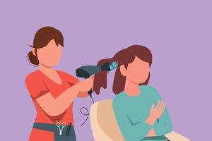 dessin animé plat de jeune femme heureuse dans un salon de coiffure. aller changer de style, discuter de la coiffure avec son coiffeur tenant un sèche-cheveux. entreprise de succès. illustration vectorielle de conception graphique vecteur