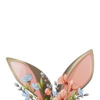 oreilles de lapin entourées de fleurs et de branches de saule. thème du printemps de pâques. illustration vectorielle pour les vacances. style de dessin animé, fond isolé vecteur
