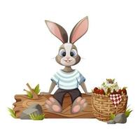 lapin drôle est assis sur une bûche. panier en osier avec oeufs rouges et gâteau de pâques. illustration vectorielle pour les vacances de printemps. la faune, les animaux de la forêt. fond isolé. vecteur