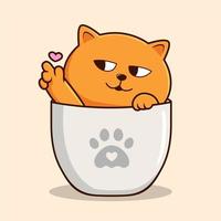 chat orange dans la tasse agitant les pattes dessin animé - vecteur de main d'amour de chat chatte orange