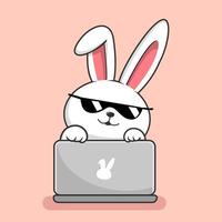 lapin mignon jouant au dessin animé pour ordinateur portable - lapin se cachant derrière un ordinateur portable cool avec des lunettes de soleil vecteur