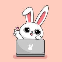 mignon lapin kawaii jouer dessin animé pour ordinateur portable - lapin se cachant derrière la main d'amour pour ordinateur portable vecteur