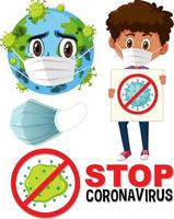 arrêter le logo du coronavirus avec la terre portant le personnage de dessin animé de masque et le garçon tenant le signe du coronavirus d'arrêt vecteur