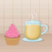 une tasse de thé et un gâteau. table de cuisine avec thé chaud et gâteaux à la crème rose. petit déjeuner sucré. illustration vectorielle vecteur