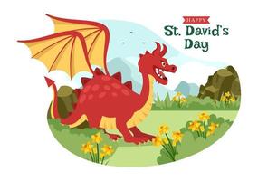 bonne fête de la saint david le 1er mars illustration avec des dragons gallois et des jonquilles jaunes pour la page de destination dans des modèles dessinés à la main de dessin animé plat vecteur