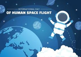 journée internationale des vols spatiaux humains le 12 avril illustration avec fusée et enfants astronaute en dessin animé plat dessinés à la main pour les modèles de page de destination vecteur