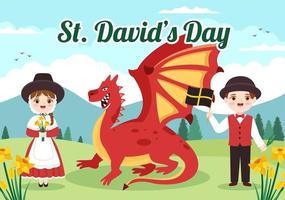 bonne fête de la saint david le 1er mars illustration avec robe galloise pour enfants, dragons et jonquilles jaunes en dessin animé plat dessinés à la main pour les modèles de page de destination vecteur