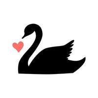 vecteur de silhouette de cygne noir avec coeur rose. élément graphique en forme d'oiseau isolé sur blanc. illustration mignonne dessinée à la main pour la saint valentin, mariage. logo de cygne, icône, symbole de famille, relation.