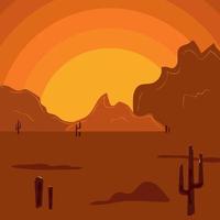 icône abstraite plate, autocollant, bouton avec désert, montagnes, soleil, cactus sur des couleurs orange vif et marron. vecteur