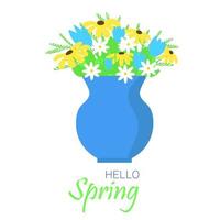 bouquet de fleurs dans un vase. carte carrée ou bannière avec texte bonjour printemps. vase isolé avec des fleurs sur fond blanc. illustration vectorielle. vecteur