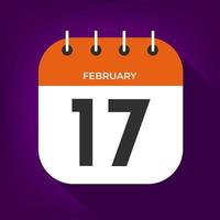 17 février. numéro dix-sept sur un papier blanc avec bordure de couleur orange sur fond violet vecteur. vecteur
