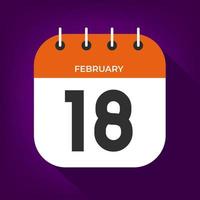18 février. numéro dix-huit sur un papier blanc avec bordure de couleur orange sur fond violet vecteur. vecteur