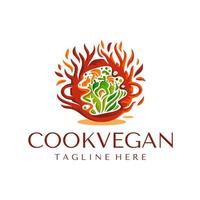 cuisiner un modèle de conception de logo végétalien. chef cuisinier vecteur de logo de légumes.