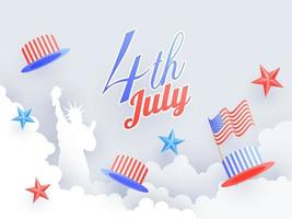 Affiche ou bannière de célébration du 4 juillet décorée de la statue de la liberté, du chapeau de l'oncle sam et des étoiles colorées sur fond nuageux découpé en papier. vecteur