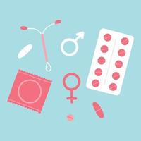 types de contraception. pilules, calendrier, patch, préservatif et bobine. illustration vectorielle dans un style plat. vecteur