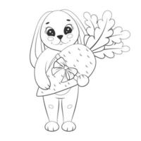 lapin mignon avec carotte, cadeau. illustration vectorielle d'enfants. livre de coloriage pour enfants. graphique monochrome, noir et blanc. isolé sur blanc vecteur