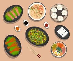 cuisine nationale chinoise, nouilles aux crevettes, boulettes, soupe de nouilles, cuisses de poulet frites, poulpe frit, haricots frits et crêpes aux légumes. illustration vectorielle. vecteur