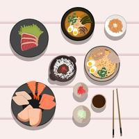 plats de sashimi de cuisine nationale japonaise, steak de saumon, nouilles et miso, gyudon et natto avec assaisonnements.