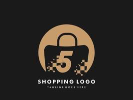 cercle isolé de sac à provisions vectoriel avec numéro 5, icône de magasinage rapide, boutique rapide créative, modèles de logo de magasinage rapide créatif.